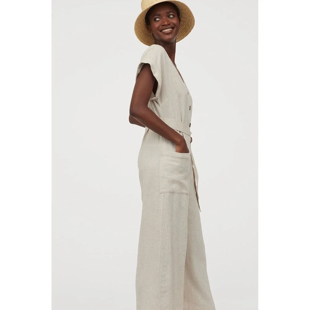 NWT H&M Linen Jumpsuit Sz XL Preppy Resortwear Vacation Cottagecore Momcore